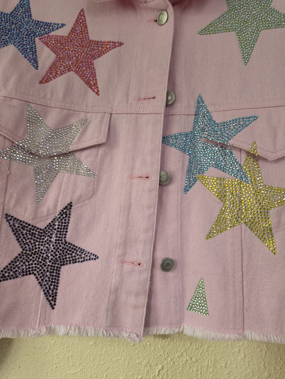 Peach Love PINK Rhinestone Star Jean jacket Small - Picture 7 of 10